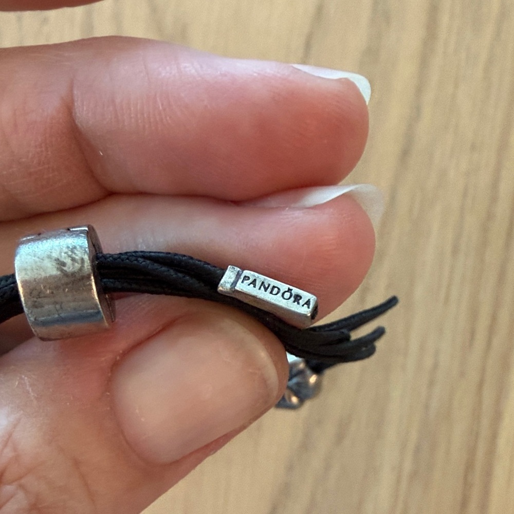 Pandora Black Cord Bracelet with Silver Four Leaf Clover Charm - Picture 4 of 5
